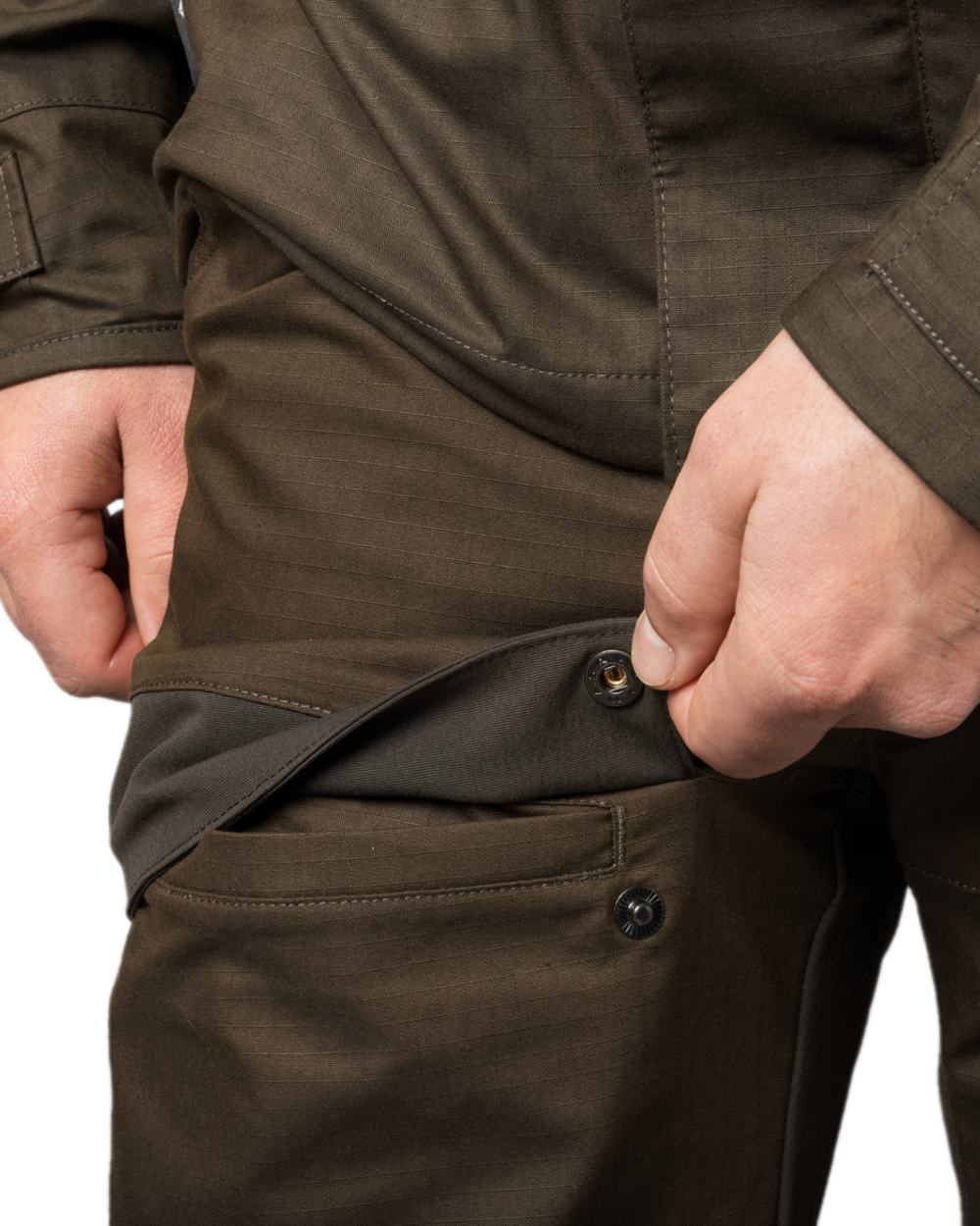 Willow Green Shadow Brown Coloured Harkila Nordic Hunter HWS Trousers on white background #colour_willow-green-shadow-brown