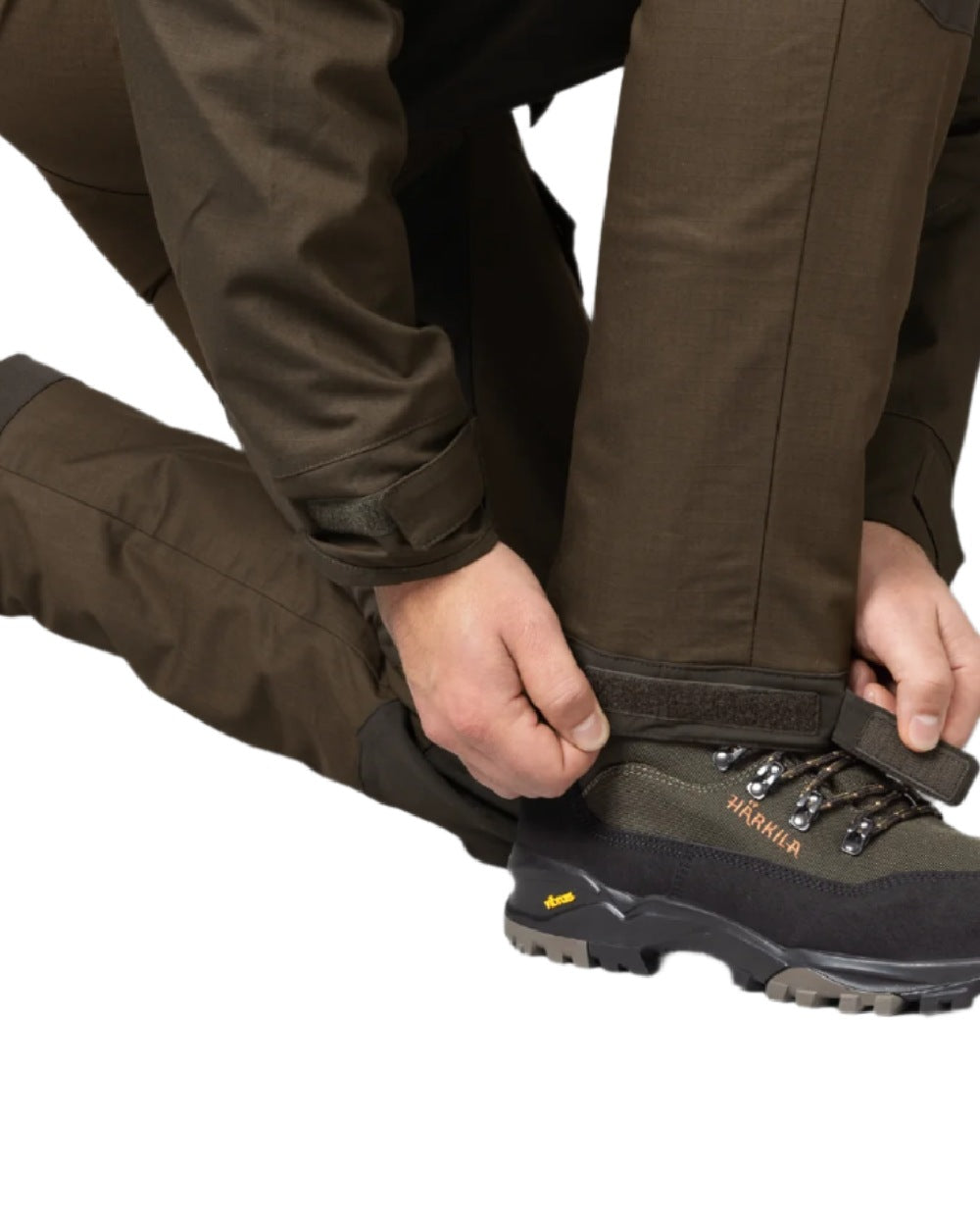 Willow Green Shadow Brown Coloured Harkila Nordic Hunter HWS Trousers on white background #colour_willow-green-shadow-brown