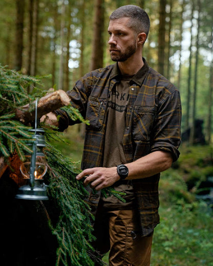 Mellow Brown Check Coloured Harkila Pajala Check Shirt on outdoor background #colour_mellow-brown-check