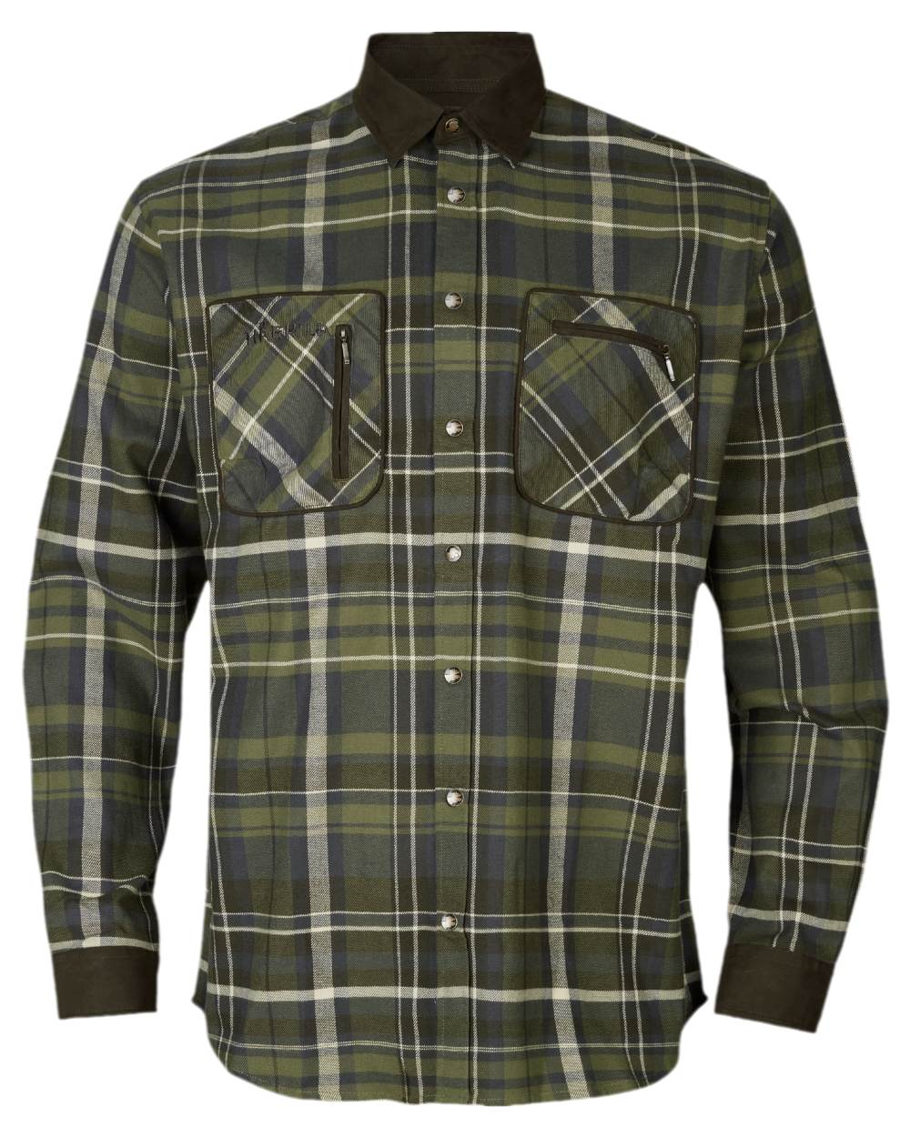 Olive Check Coloured Harkila Pajala Check Shirt on white background #colour_olive-check