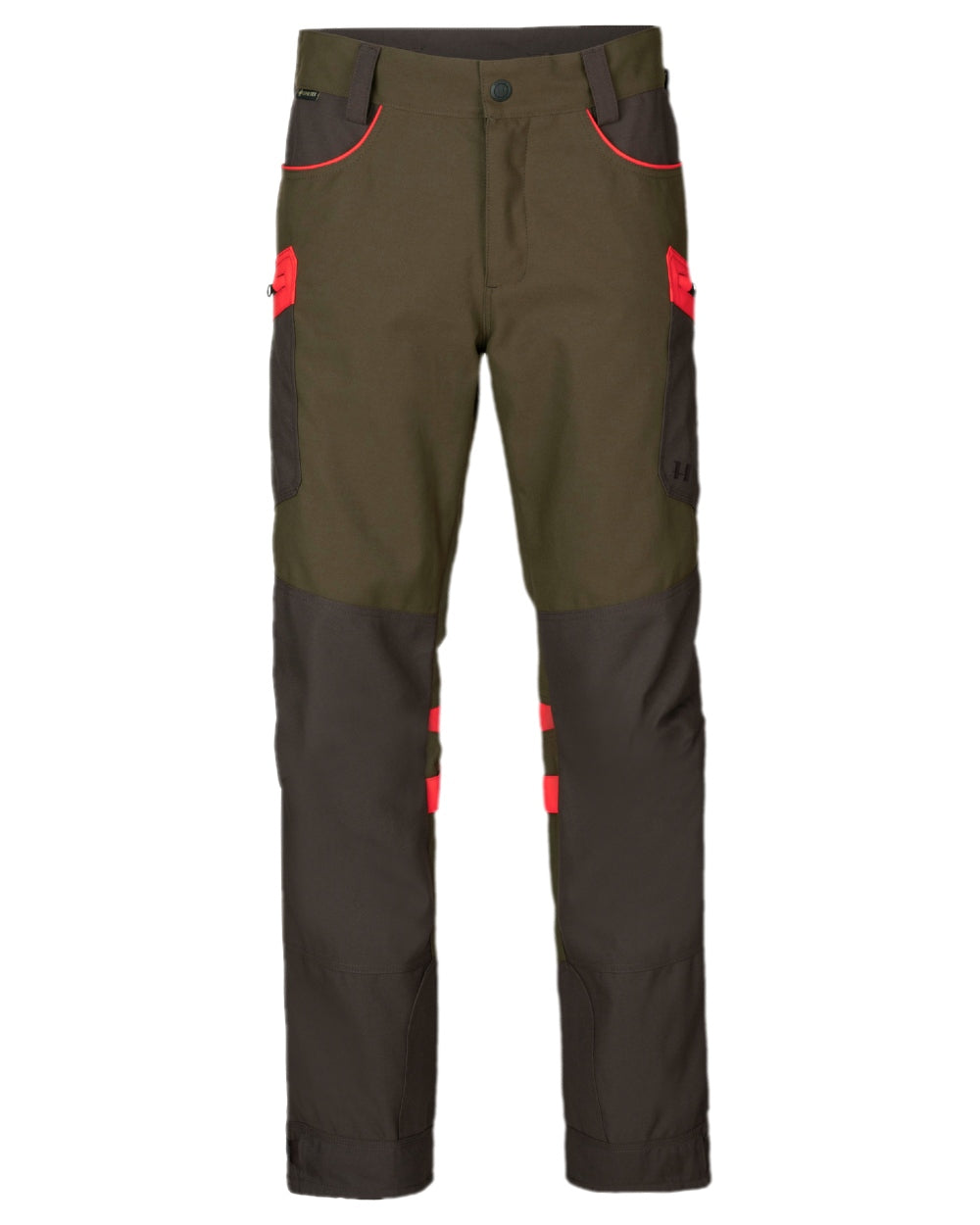 Willow Green Orange Coloured Harkila Pro Hunter Dog Keeper GTX Trousers on white background #colour_willow-green-orange