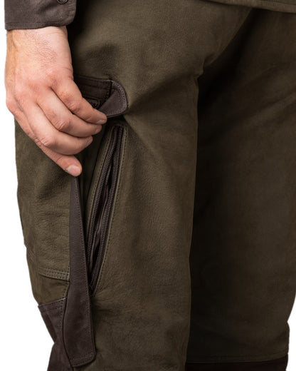 Willow Green Coloured Harkila Pro Hunter Leather Trousers on white background #colour_willow-green