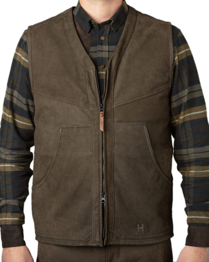 Willow Green Coloured Harkila Pro Hunter Leather Waistcoat on white background #colour_willow-green