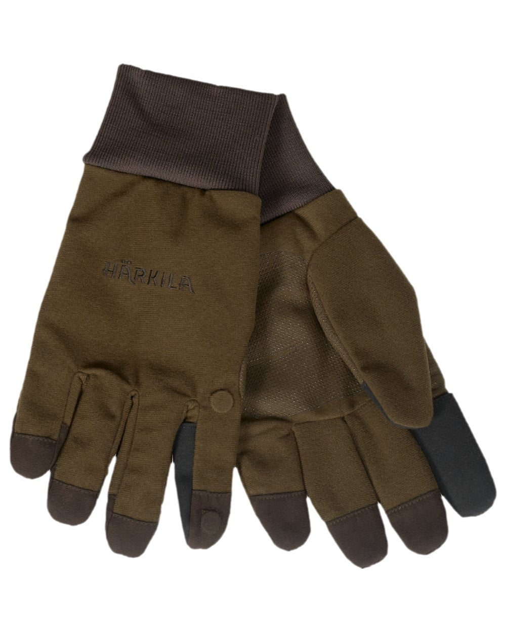 Dark Warm Olive Coloured Harkila Retrieve HWS Gloves on white background #colour_dark-warm-olive