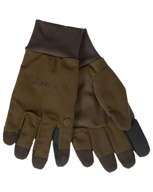 Dark Warm Olive Coloured Harkila Retrieve HWS Gloves on white background #colour_dark-warm-olive