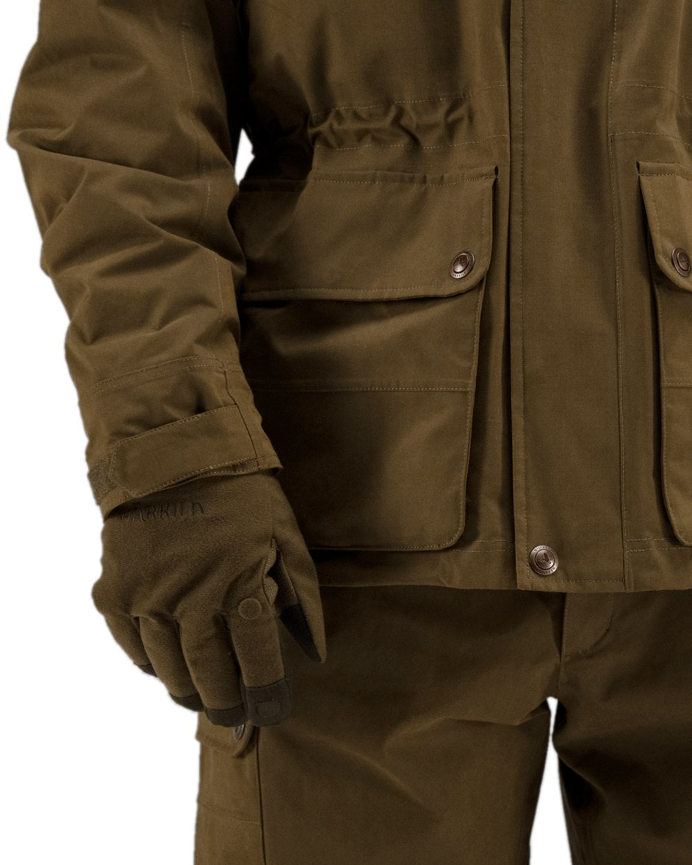 Dark Warm Olive Coloured Harkila Retrieve HWS Gloves on white background #colour_dark-warm-olive