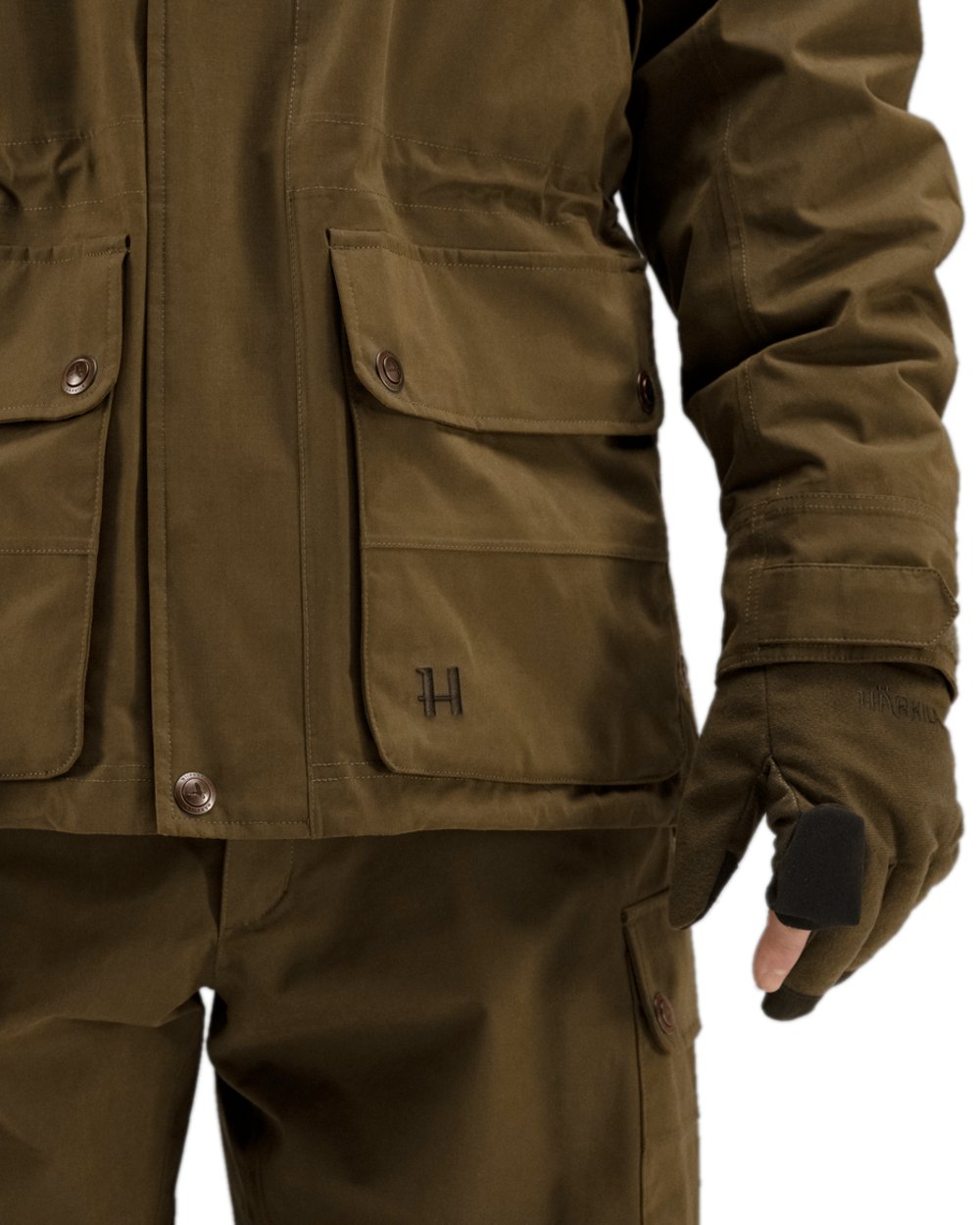 Dark Warm Olive Coloured Harkila Retrieve HWS Gloves on white background #colour_dark-warm-olive