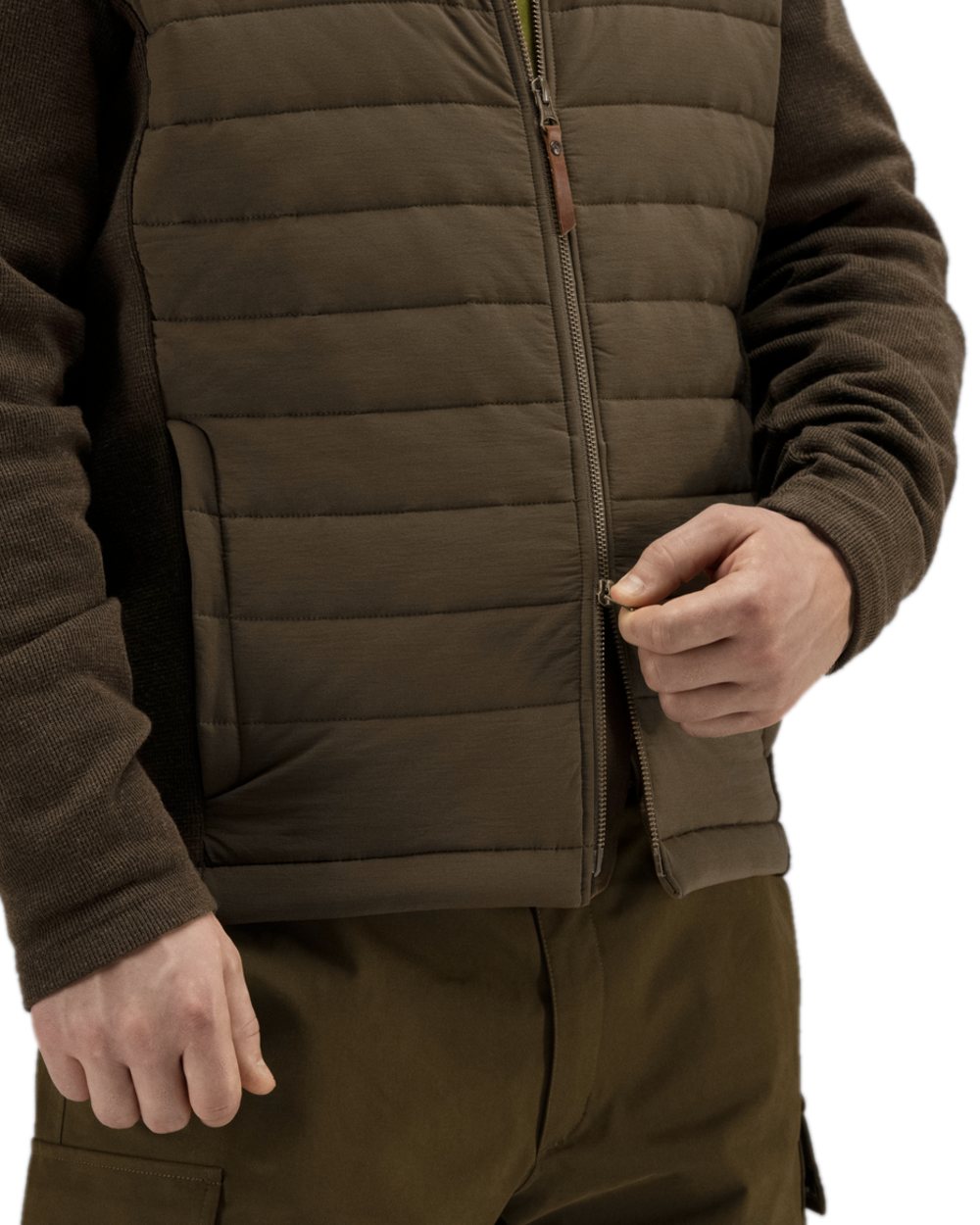 Dark Warm Olive Coloured Harkila Retrieve Insulated Cardigan on white background #colour_dark-warm-olive