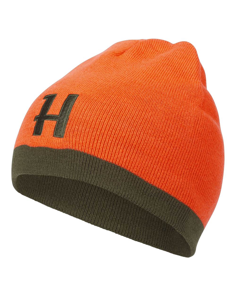 Willow Green Orange Coloured Harkila Reversible Beanie on white background #colour_willow-green-orange