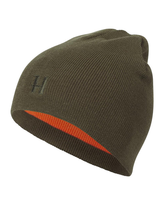 Willow Green Orange Coloured Harkila Reversible Beanie on white background #colour_willow-green-orange