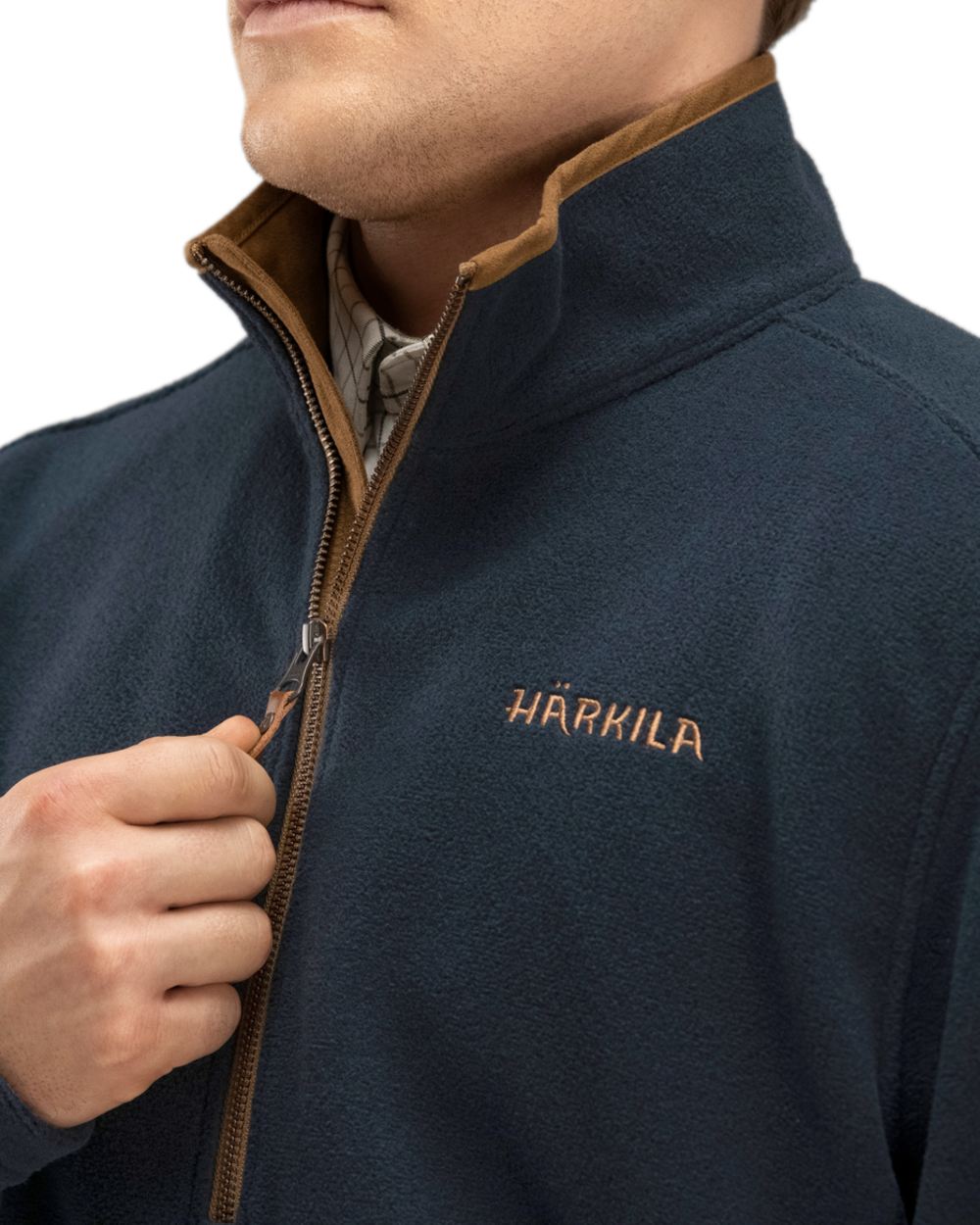 Dark Navy Melange Coloured Harkila Sandhem Fleece Pullover on white background #colour_dark-navy-melange