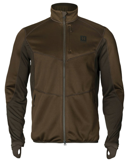 Willow Green Deep Brown Coloured Harkila Scandinavian Fleece Jacket on white background #colour_willow-green-deep-brown