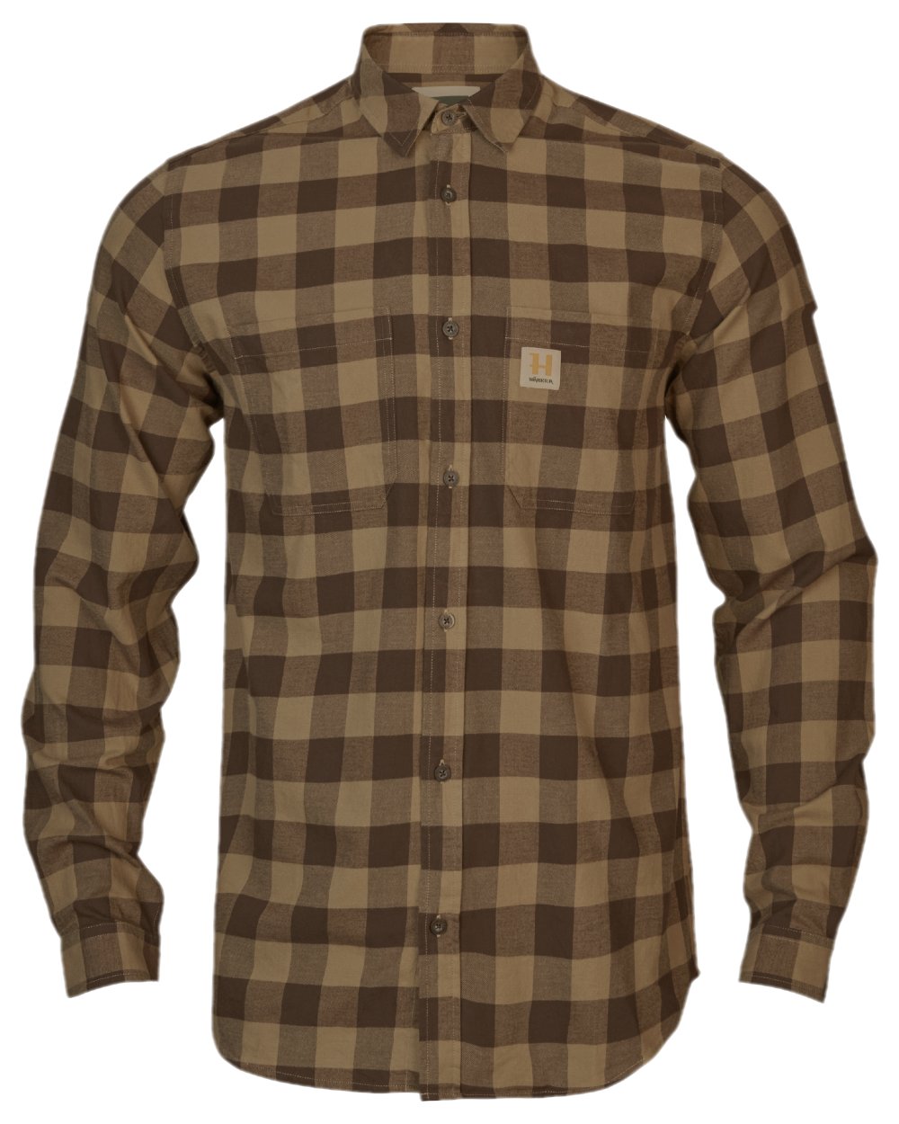 Antique Bronze Check Coloured Harkila Scandinavian Long Sleeve Shirt on white background #colour_antique-bronze-check