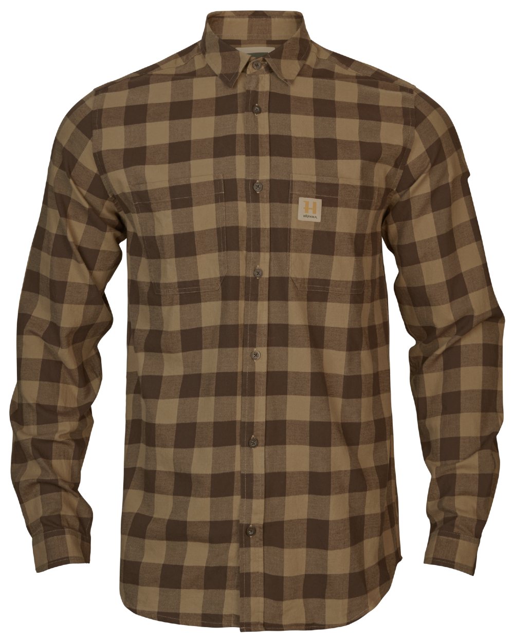 Antique Bronze Check coloured Harkila Scandinavian Long Sleeve Shirt on white background #colour_antique-bronze-check