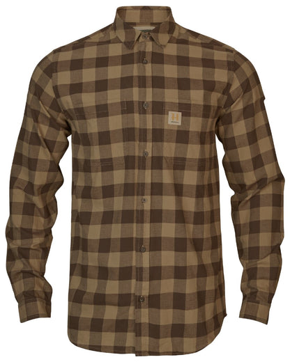 Antique Bronze Check coloured Harkila Scandinavian Long Sleeve Shirt on white background #colour_antique-bronze-check