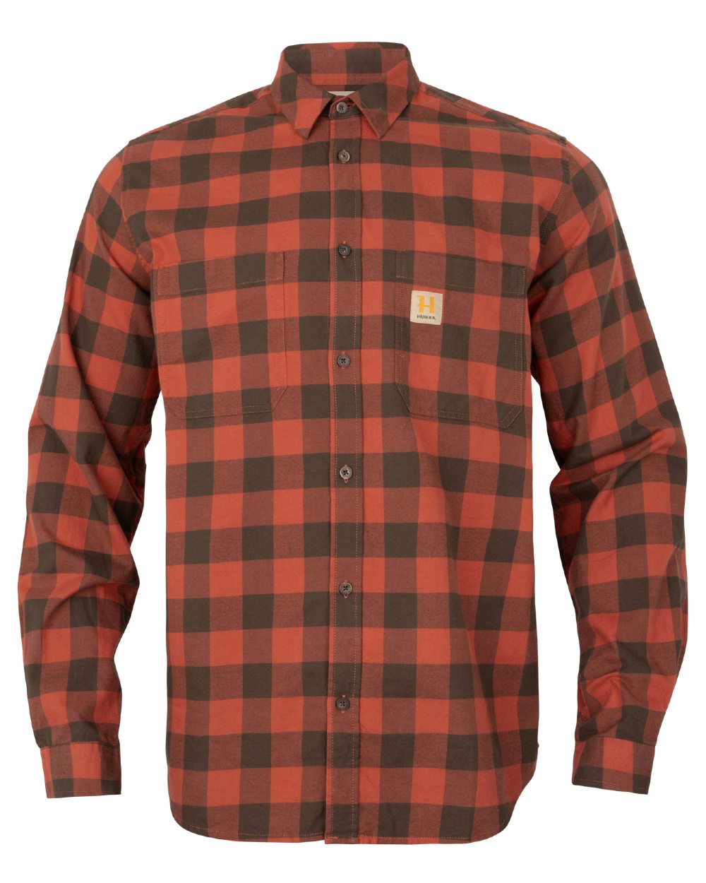 Autumn Orange Check coloured Harkila Scandinavian Long Sleeve Shirt on white background #colour_autumn-orange-check