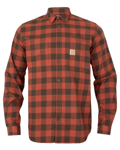 Autumn Orange Check coloured Harkila Scandinavian Long Sleeve Shirt on white background #colour_autumn-orange-check