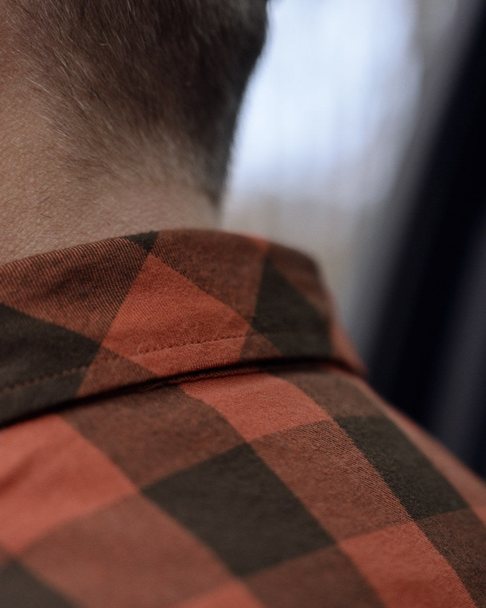 Autumn Orange Check coloured Harkila Scandinavian Long Sleeve Shirt on outdoor background #colour_autumn-orange-check