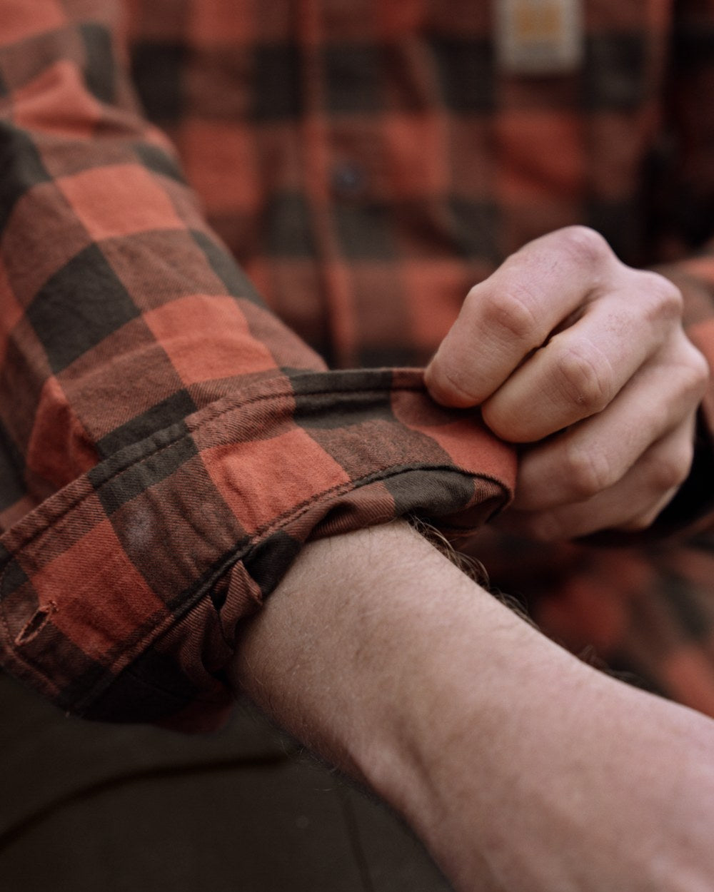 Autumn Orange Check coloured Harkila Scandinavian Long Sleeve Shirt on outdoor background #colour_autumn-orange-check