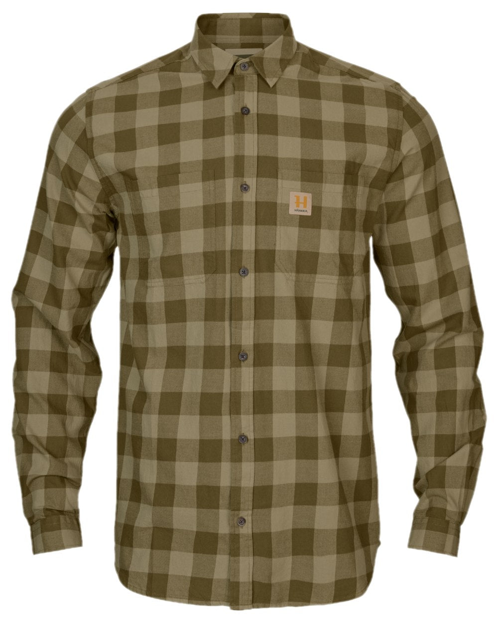 Dark Olive Check Coloured Harkila Scandinavian Long Sleeve Shirt on white background #colour_dark-olive-check