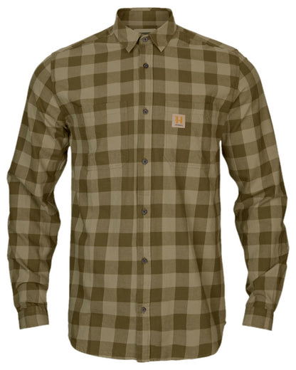 Dark Olive Check Coloured Harkila Scandinavian Long Sleeve Shirt on white background #colour_dark-olive-check