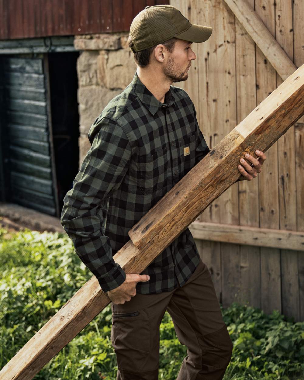 Green Check Coloured Harkila Scandinavian Long Sleeve Shirt on countryside background #colour_green-check