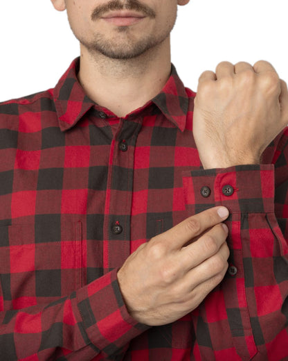 Red Check Coloured Harkila Scandinavian Long Sleeve Shirt on white background #colour_red-check