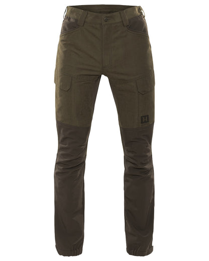 Willow Green Deep Brown Coloured Harkila Scandinavian Trousers on white background #colour_willow-green-deep-brown