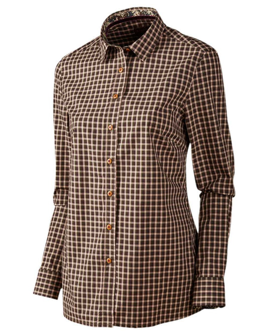 Bright Port Check Coloured Harkila Selja Lady Long Sleeved Shirt on white background #colour_bright-port-check