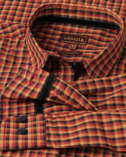 Red Black Check Coloured Harkila Selja Lady Long Sleeved Shirt on white background #colour_red-black-check