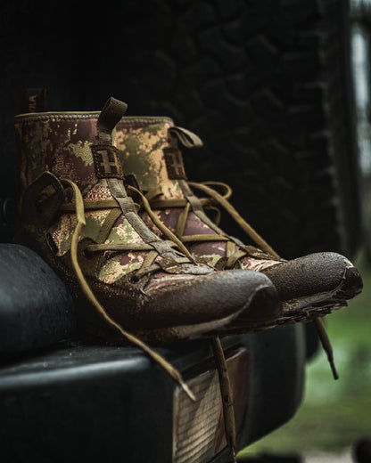 AXIS Forest Coloured Harkila Stalking Sneaker GTX Boots on outdoor background #colour_axis-forest