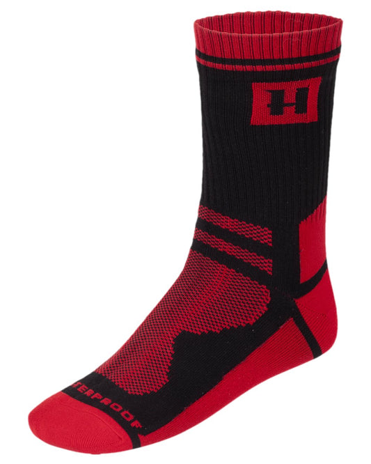 Red Black Coloured Harkila Waterproof Socks on white background #colour_red-black