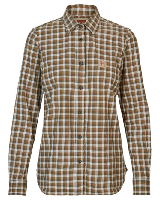 Dark Olive Check Coloured Harkila Womens Fjell Long Sleeve Shirt on white background #colour_dark-olive-check