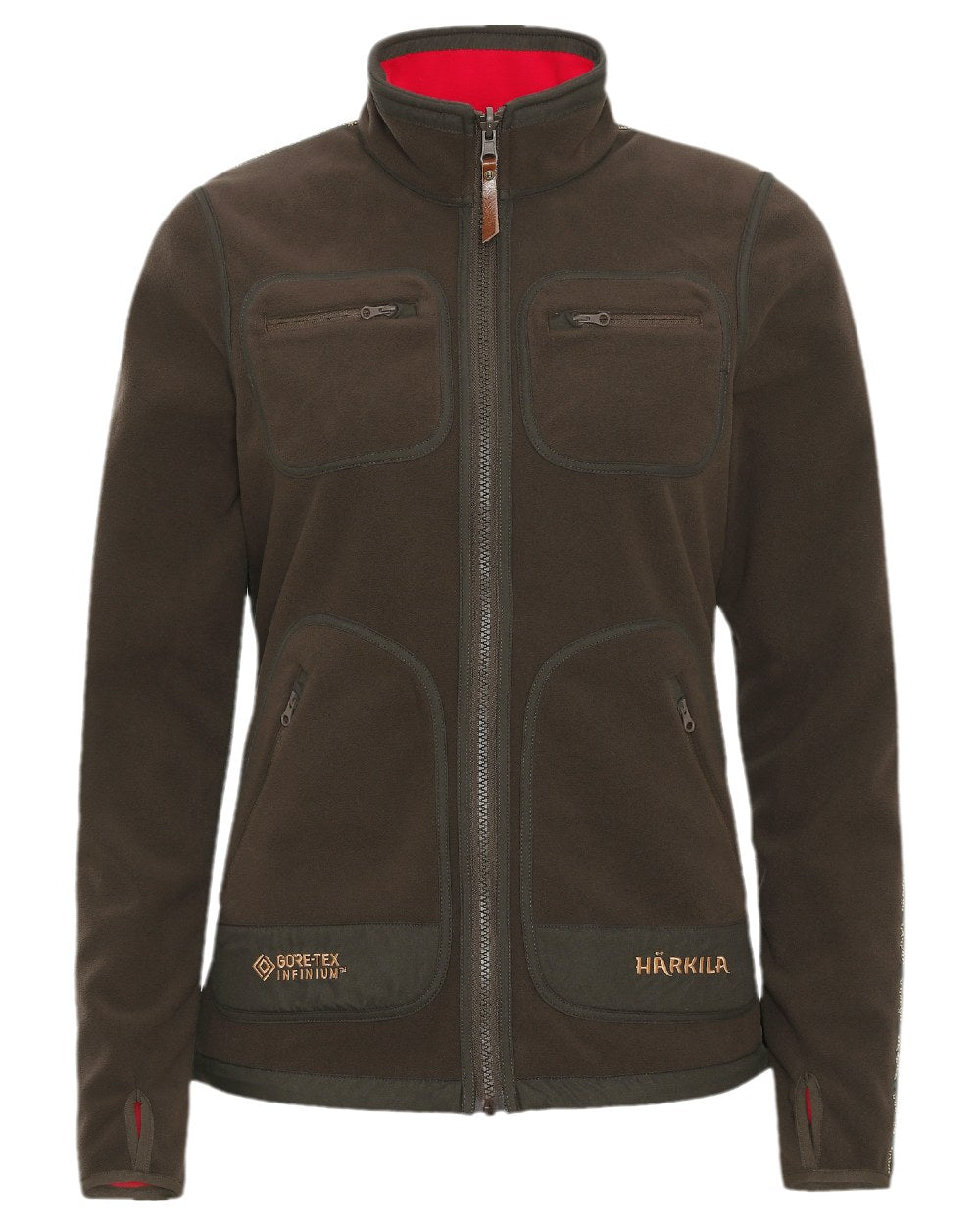 Brown Red Coloured Harkila Womens Kamko Reversible Windstopper Fleece Jacket on white background #colour_brown-red