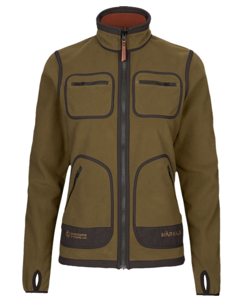 Dark Olive Arabian Spice Coloured Harkila Womens Kamko Reversible Windstopper Fleece Jacket on white background #colour_dark-olive-arabian-spice