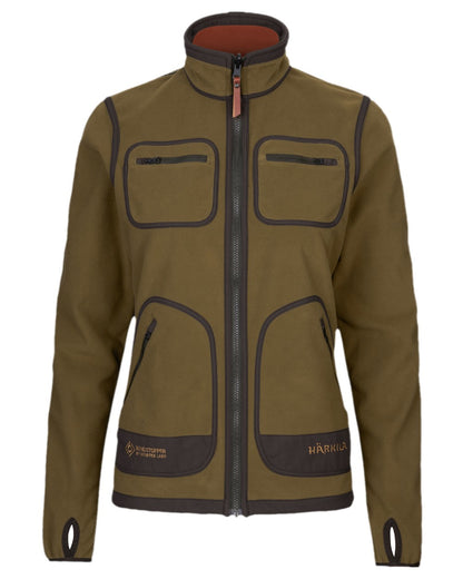 Dark Olive Arabian Spice Coloured Harkila Womens Kamko Reversible Windstopper Fleece Jacket on white background #colour_dark-olive-arabian-spice