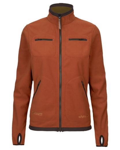 Dark Olive Arabian Spice Coloured Harkila Womens Kamko Reversible Windstopper Fleece Jacket on white background #colour_dark-olive-arabian-spice