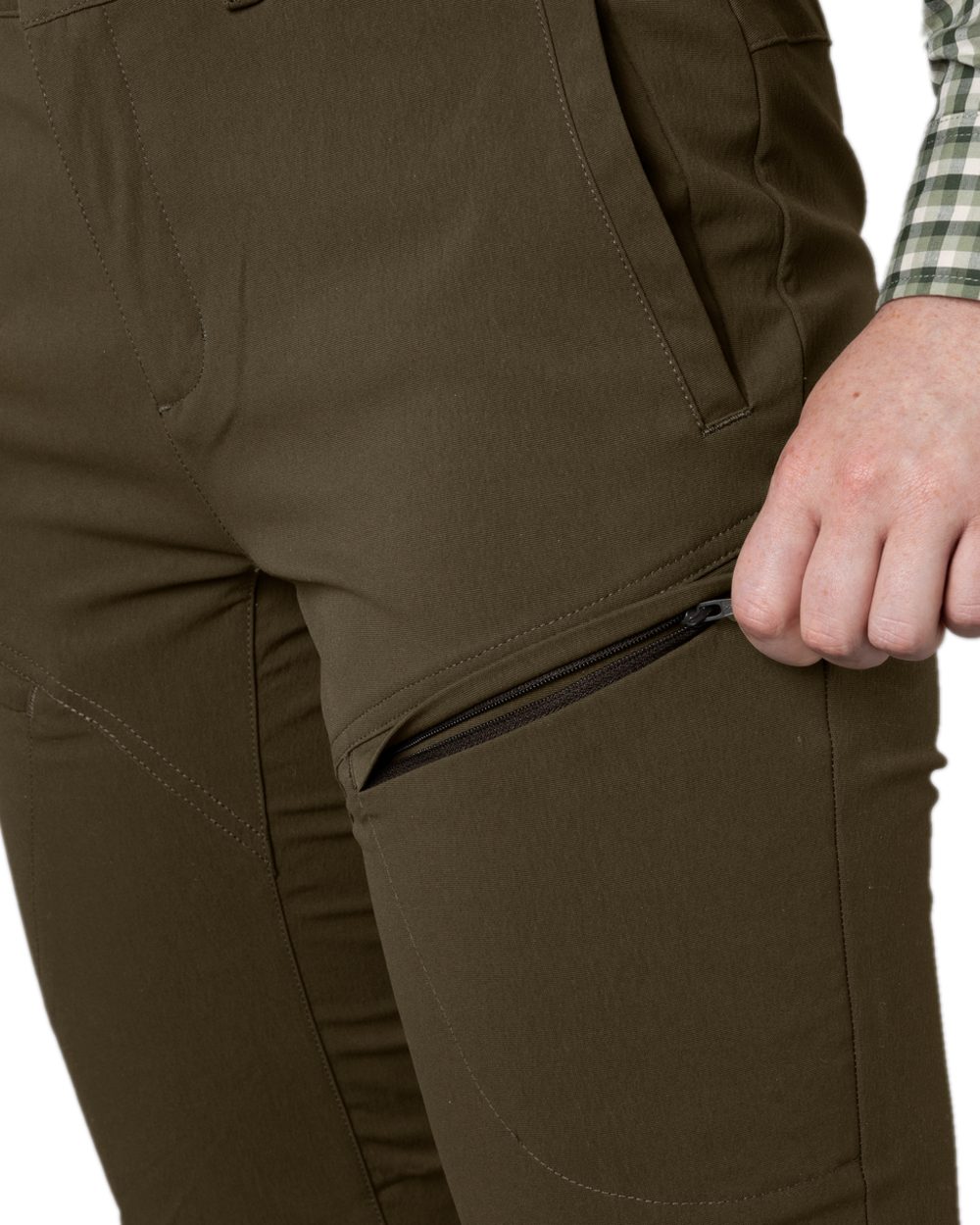 Dark Warm Olive Coloured Harkila Womens Retrieve Light Trousers on white background #colour_dark-warm-olive
