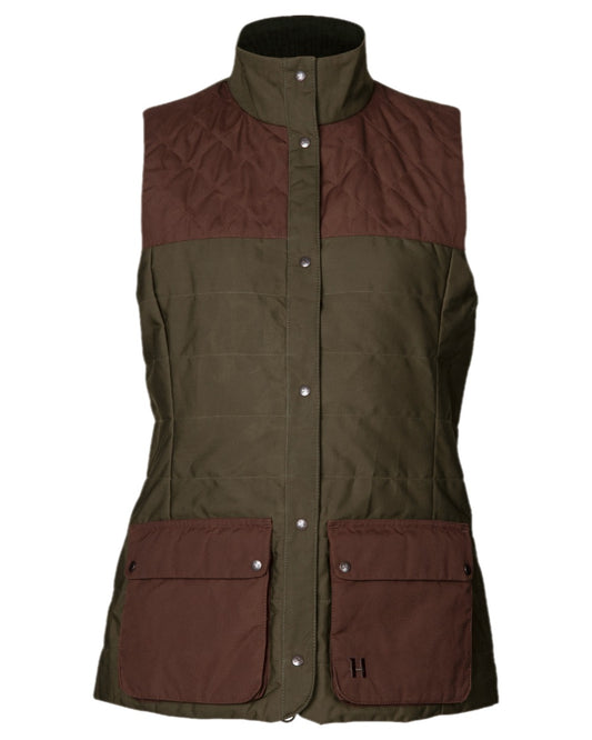 Dark Warm Olive Burgundy Coloured Harkila Womens Retrieve Waistcoat on white background #colour_dark-warm-olive-burgundy