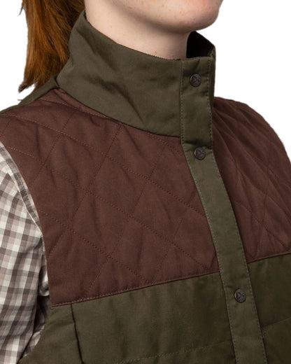 Dark Warm Olive Burgundy Coloured Harkila Womens Retrieve Waistcoat on white background #colour_dark-warm-olive-burgundy