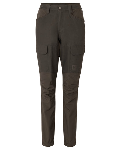 Shadow Brown Deep Brown coloured Harkila Womens Scandinavian Trousers on white background #colour_shadow-brown-deep-brown
