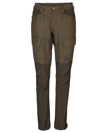 Willow Green Deep Brown coloured Harkila Womens Scandinavian Trousers on white background #colour_willow-green-deep-brown