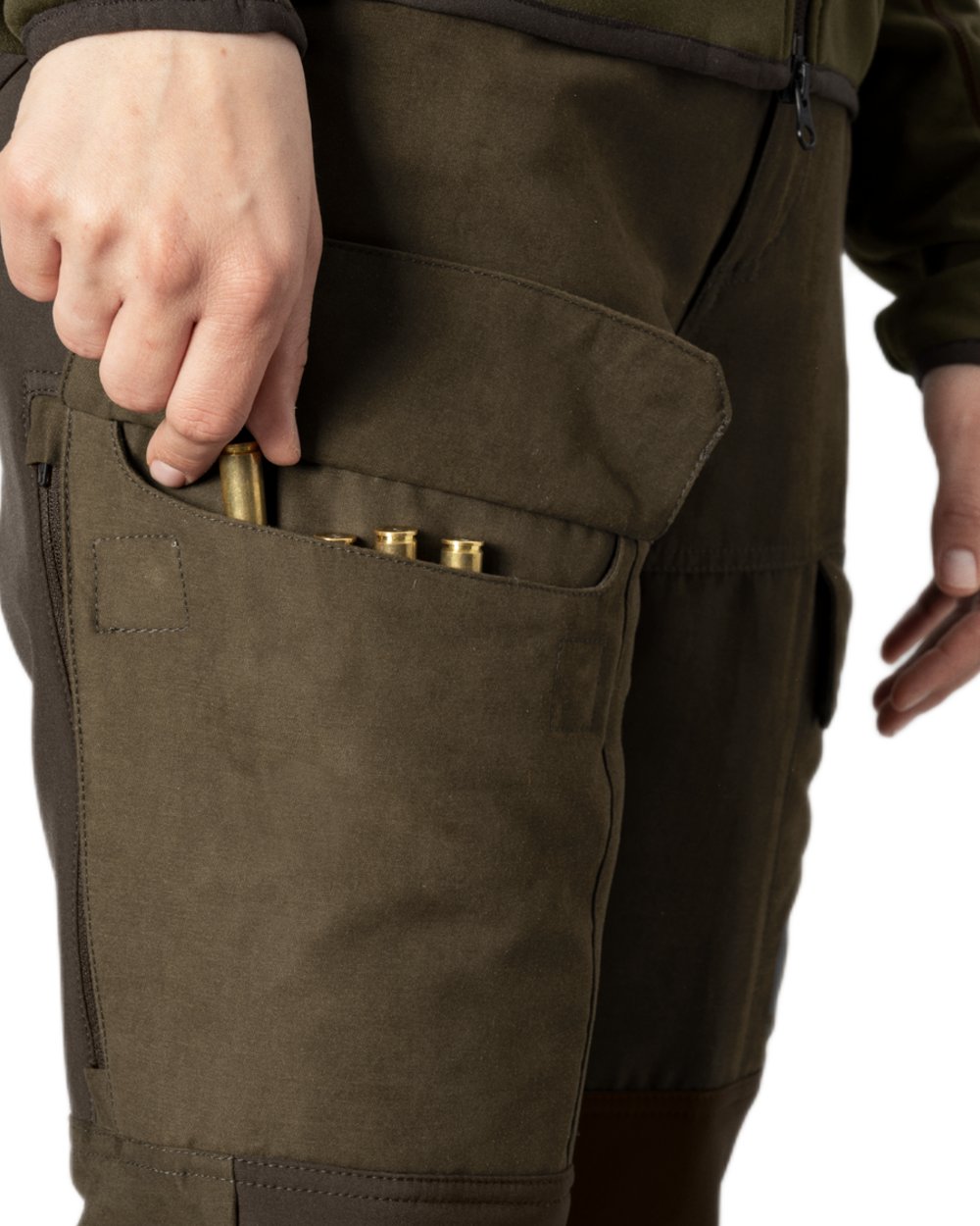 Willow Green Deep Brown coloured Harkila Womens Scandinavian Trousers on white background #colour_willow-green-deep-brown