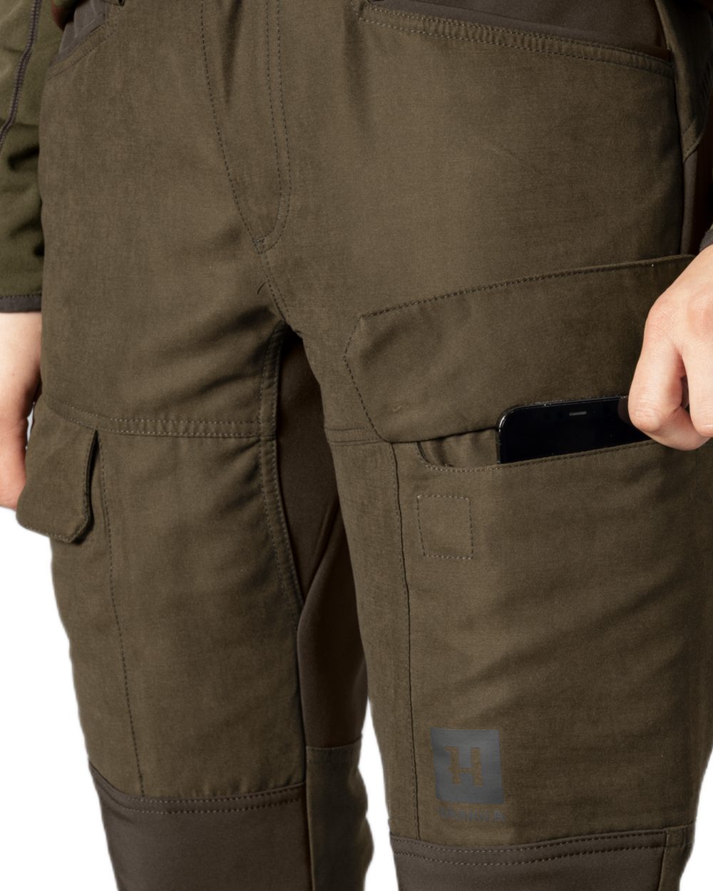 Willow Green Deep Brown coloured Harkila Womens Scandinavian Trousers on white background #colour_willow-green-deep-brown