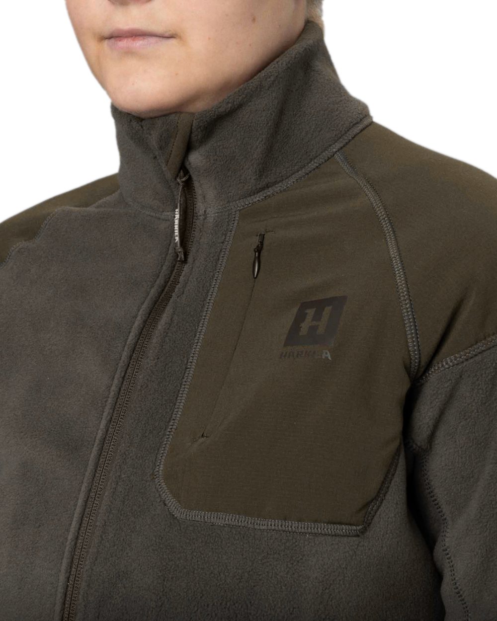 Willow Green Shadow Grey Coloured Harkila Womens Vilja Fleece Jacket on white background #colour_willow-green-shadow-grey