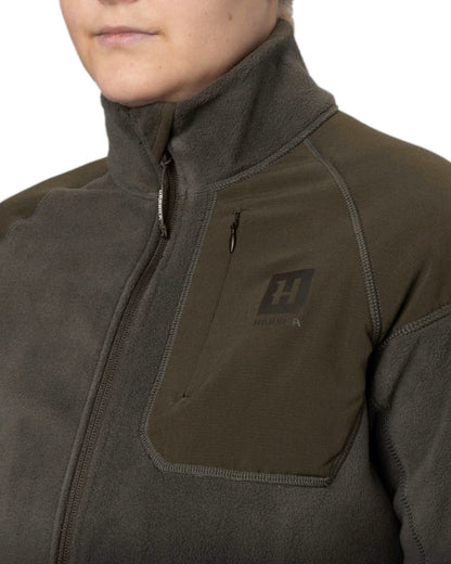 Willow Green Shadow Grey Coloured Harkila Womens Vilja Fleece Jacket on white background #colour_willow-green-shadow-grey