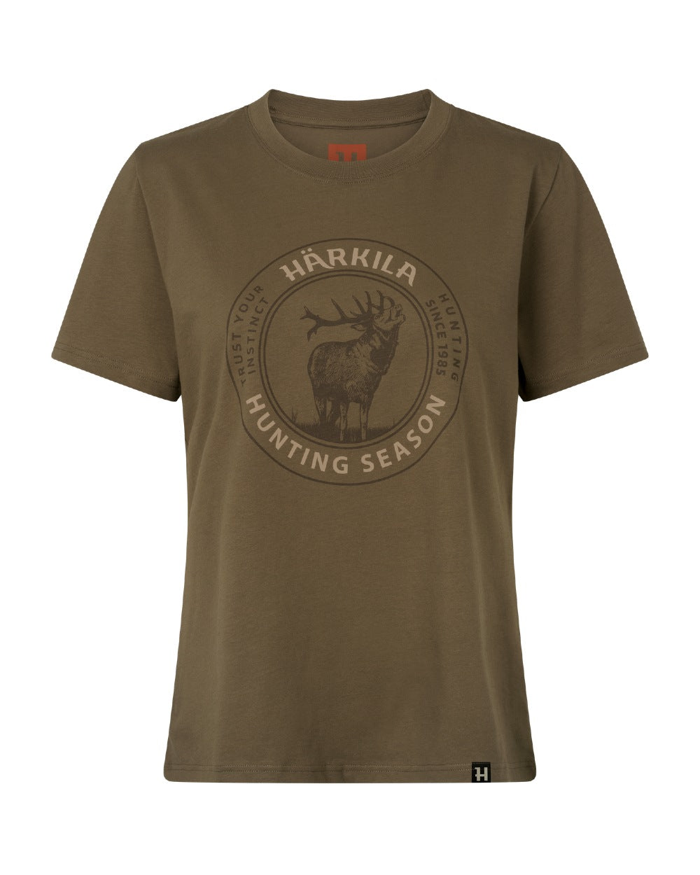 An olive brown short-sleeve crewneck t-shirt featuring a circular graphic on the chest with a deer silhouette and the text 'HÄARKILA HUNTING SEASON'. #colour_beech