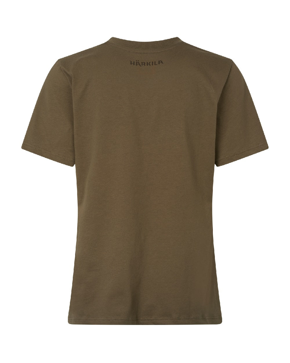 A short-sleeve crewneck t-shirt in olive brown, shown from the back with a small dark logo printed at the inner neckline, set against a plain white background. #colour_beech