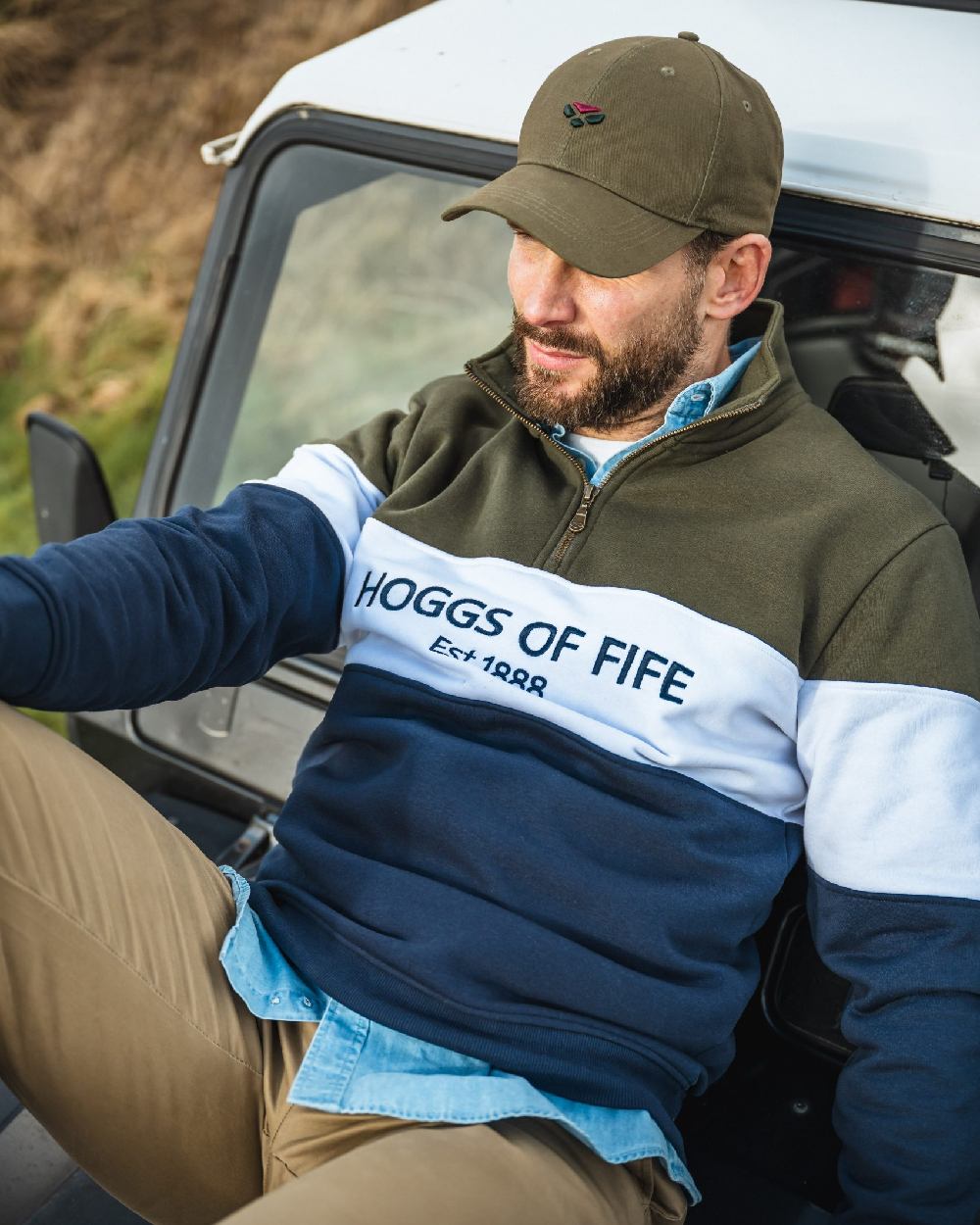 Olive Coloured Hoggs of Fife 1888 Baseball Cap on  car background #colour_olive