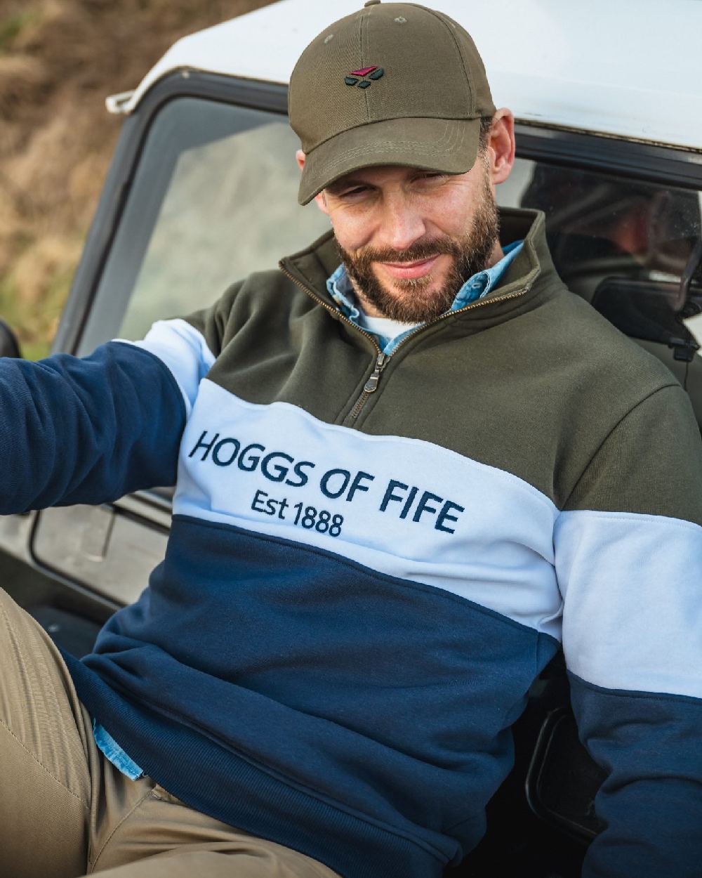 Olive Coloured Hoggs of Fife 1888 Baseball Cap on car background #colour_olive